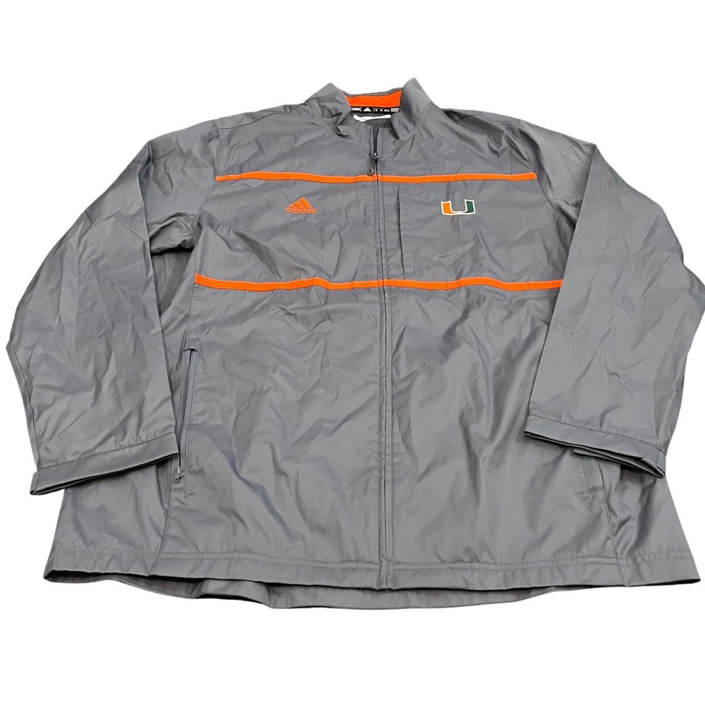 Adidas Miami Hurricanes Jacket Mens XL‎ Gray Full Zip Windbreaker NCAA Sideline